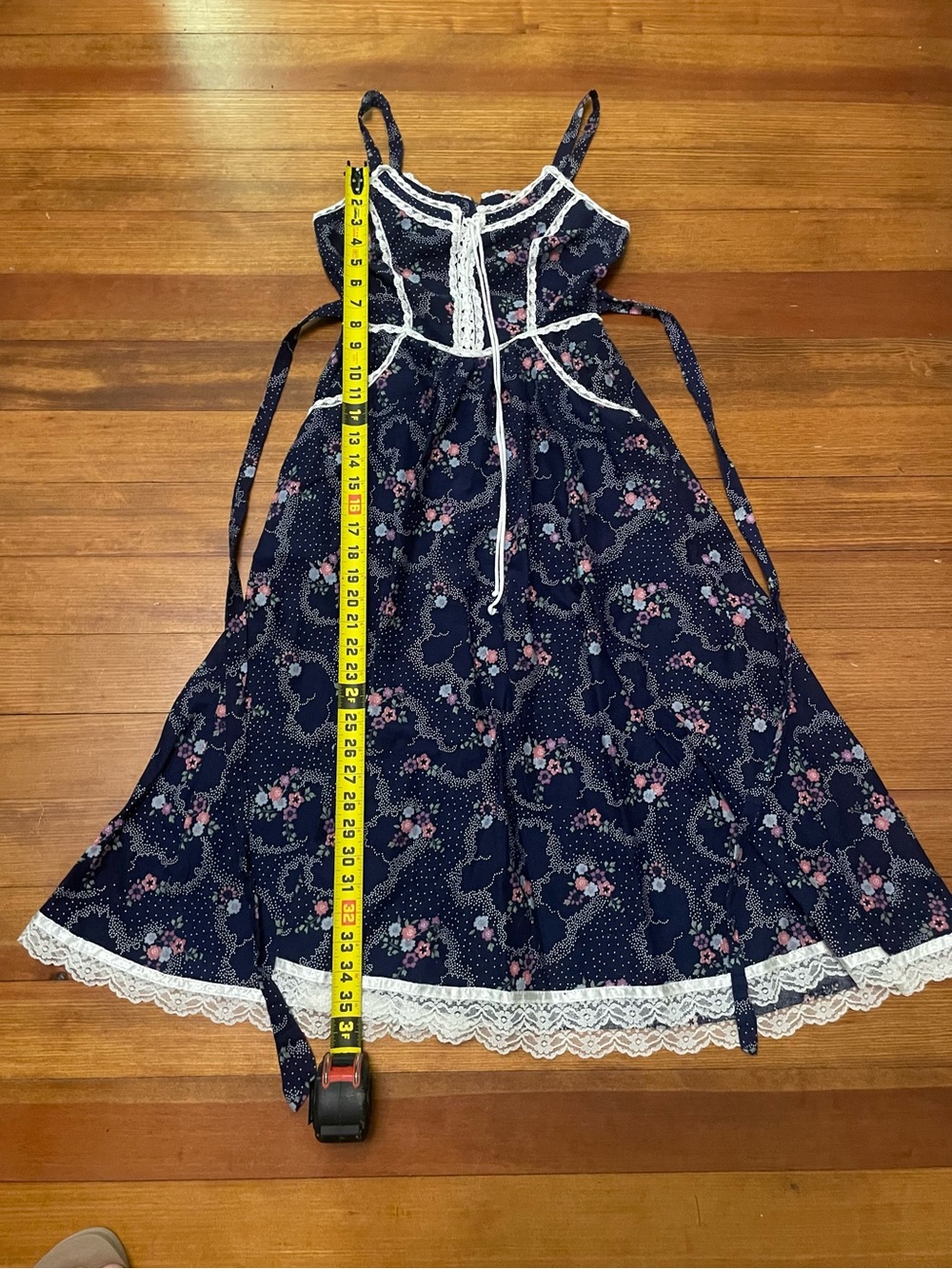 Vintage Gunne Sax Navy & Pink Calico Floral Dress w Lace Trim Size 7 - Picture 10 of 16